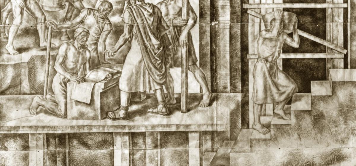 Cartone preparatorio dell'affresco dal titolo "Artisti, poeti e scienziati alla corte di Federico II" di Arduino Angelucci, scena n. 3