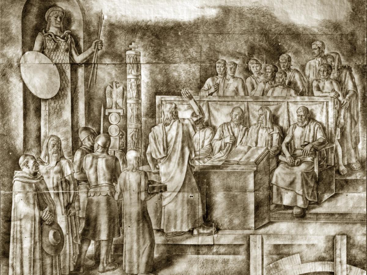 Cartone preparatorio dell'affresco dal titolo "Artisti, poeti e scienziati alla corte di Federico II" di Arduino Angelucci, scena n. 2